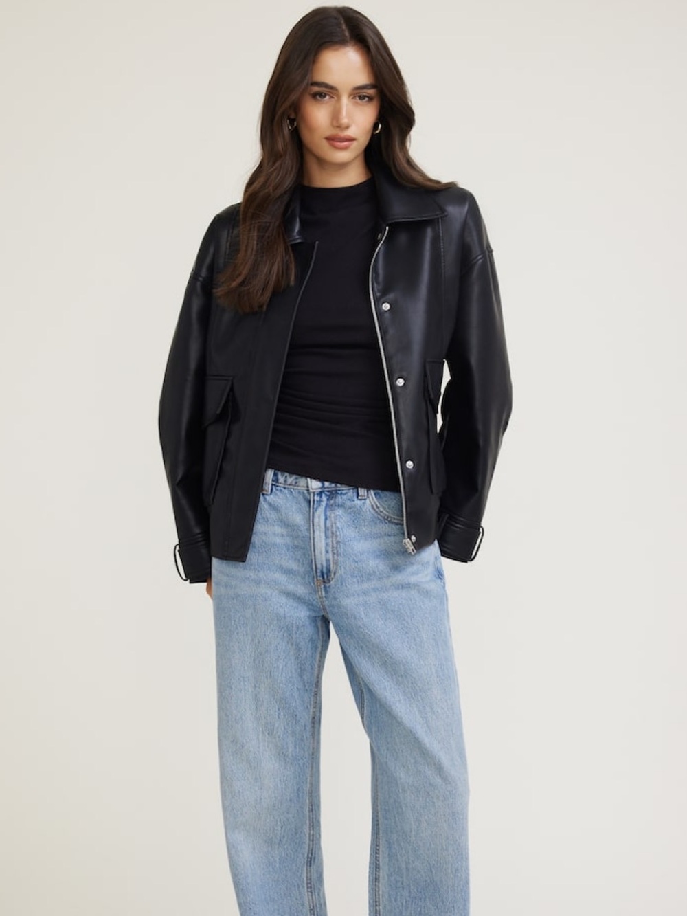 Oversized faux leather aviator jacket